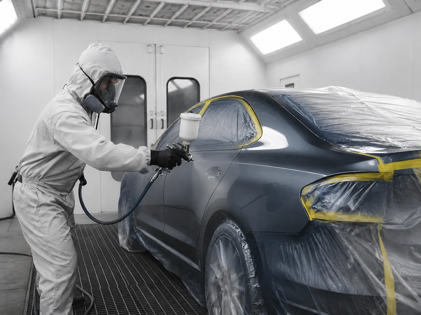 A trained technician applying coating to a vehicle inside a downdraft automotive spray booth